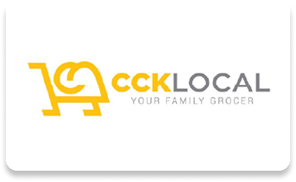 CCK Local logo with yellow shopping cart and bold grey text, plus lighter "Your Family Grocer" tagline.