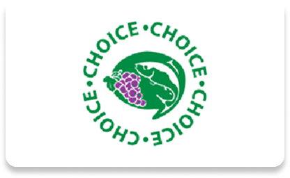 Green circular logo with grapes and dinosaur, surrounded by "CHOICE" repeated four times.