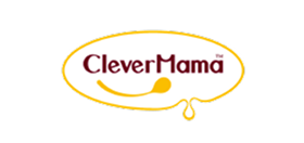 "CleverMama" logo with a stylized spoon and droplet below the name on a black background, simple and clean.