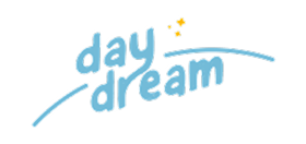 Light blue cursive "day dream" on black, with two yellow stars above; whimsical and dreamy.
