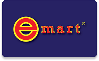 Blue background with red and yellow "e-mart" logo; encircled lowercase "e" conveys a modern retail vibe.
