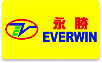 Yellow background with "EV" in red oval, red Chinese characters, and blue "EVERWIN."
