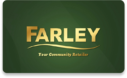 Gold "FARLEY" text on dark green background with "Your Community Retailer" below, conveying professionalism.