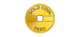 Gold coin logo on black with "GOLD COIN FEED" text around a central square. Elegant and simple.