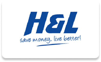Blue "H&L" logo with tagline "save money, live better!" on white background, conveying an inviting, economical tone.