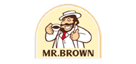 Cartoon man in white suit and red tie, smiling with coffee cup and thumbs-up. Text: "MR. BROWN." Beige background.