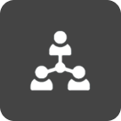 Simple org chart icon with three connected figures on dark background, symbolizing hierarchy.