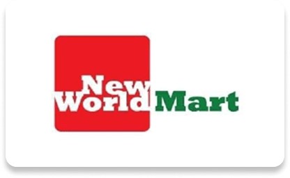 New World Mart logo: bold white "New World" on red square, green "Mart" beside it. Clean, modern retail design.