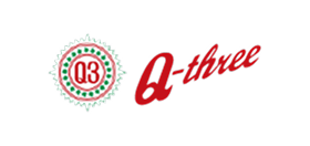 Logo: circular "Q3" with green dots, red "Q-three" on black. Modern, dynamic.