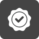 Black square icon with white badge and black check mark, symbolizing approval.