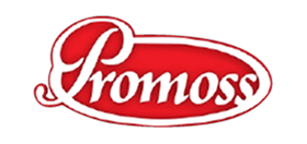 "Promoss" in white script on red oval with white outline, black background.