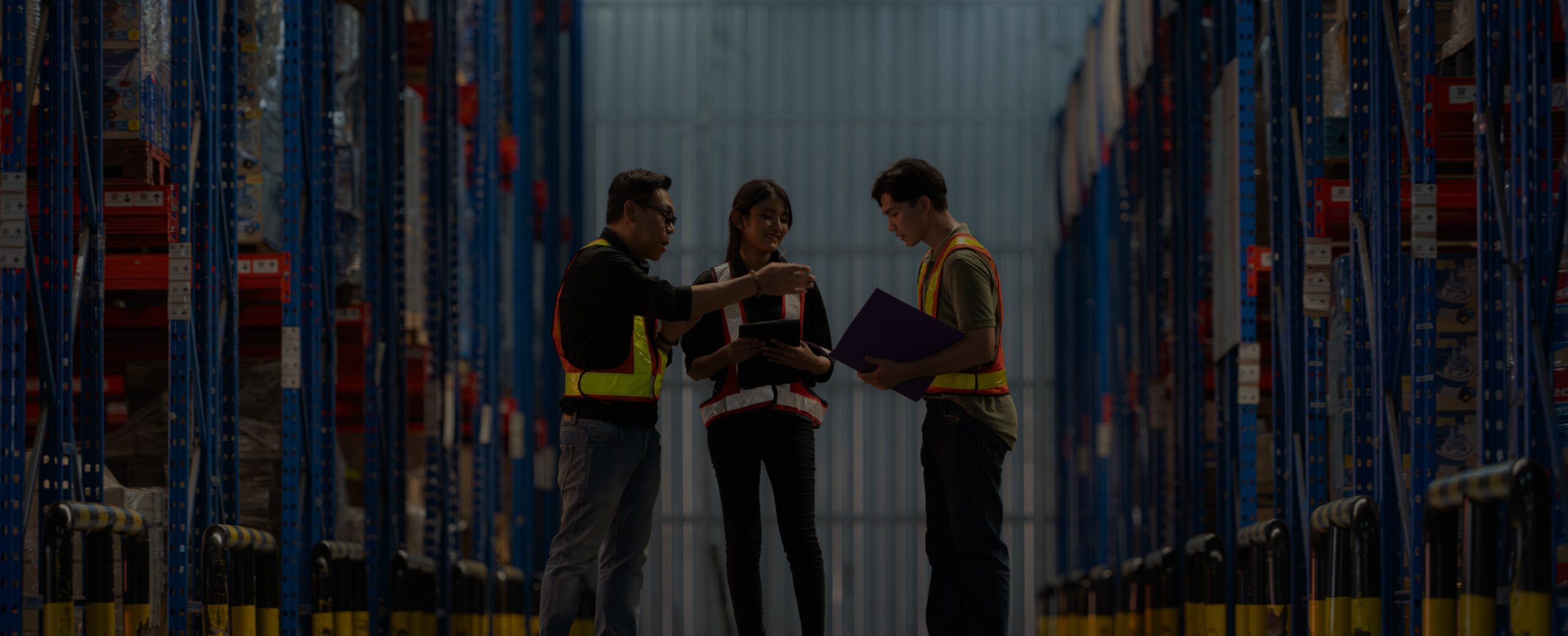 Three people in safety vests review documents in a dim warehouse aisle, focused and collaborative.