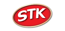 Red oval logo with bold white "STK" outlined in gold on black background, conveying a bold modern tone.