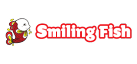 Red and white logo: smiling cartoon fish beside bold white "Smiling Fish" outlined in red on black background.