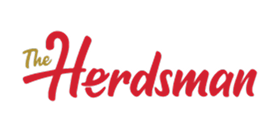 Red and yellow logo on black background with "The" in yellow and bold red script "Herdsman," sleek and modern.