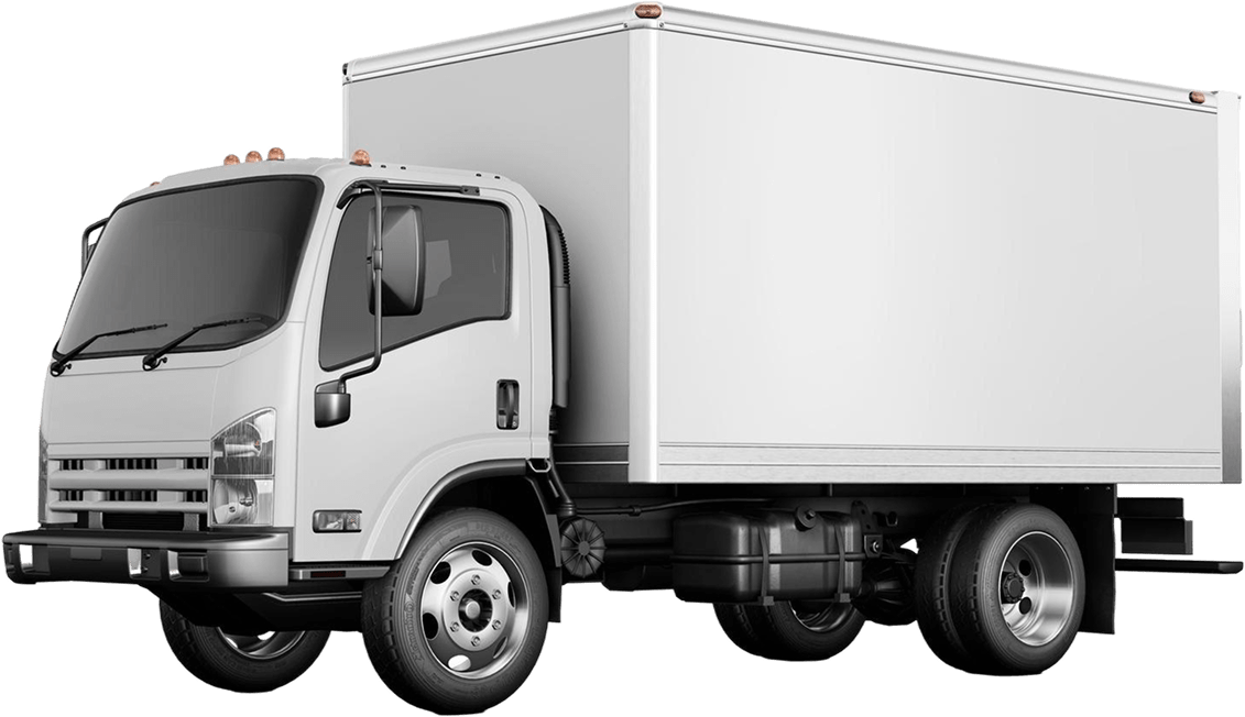 White box truck with glossy finish on black background, conveying modernity, reliability, and efficiency.