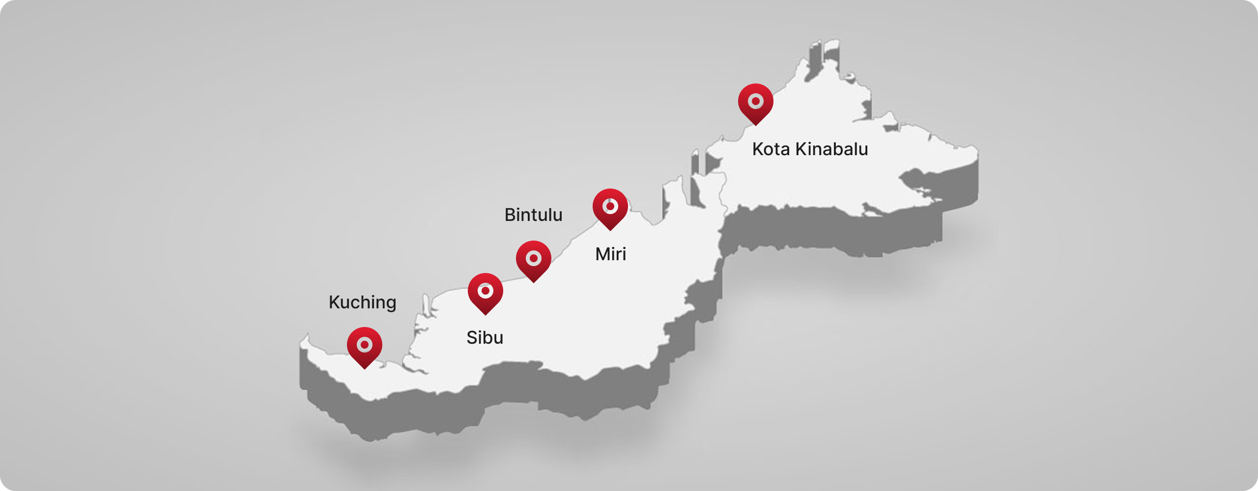 3D East Malaysia map with red markers on Kuching, Sibu, Bintulu, Miri, and Kota Kinabalu.