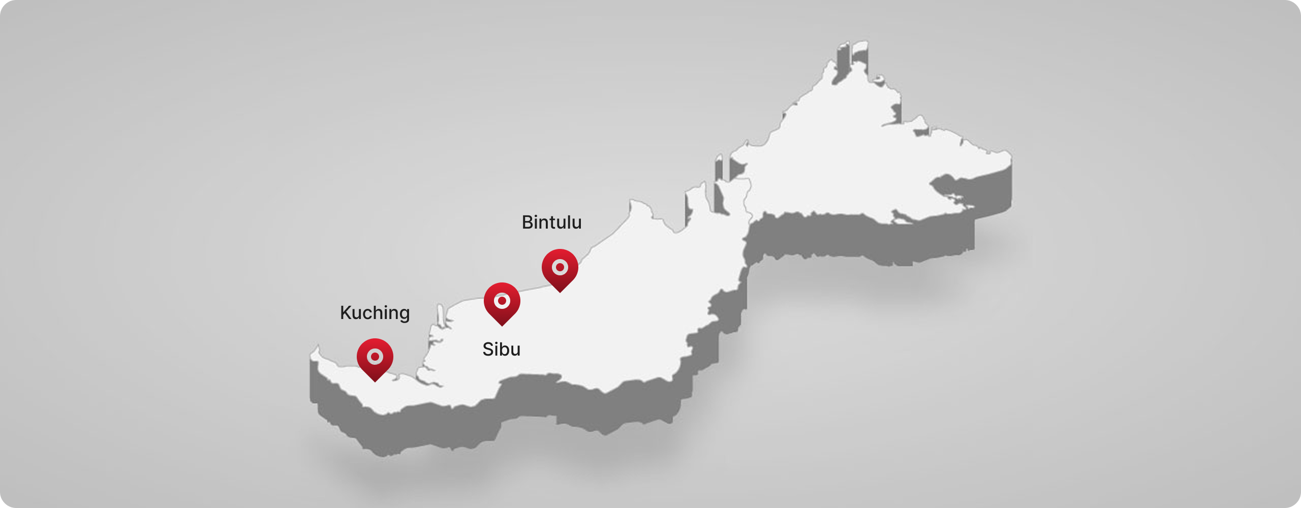 3D map of Malaysia with red markers on Kuching, Sibu, and Bintulu, showing geographic focus.