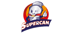 Winking cartoon can character giving a thumbs up with "Supercan" text, set against a red-orange gradient circle.